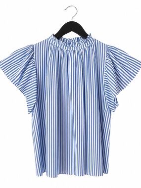 Trovata Carla High Neck Blouse Small Blue White Stripe Ruffle Flutter Sleeve